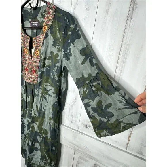 NWT JOHNNY WAS GREEN FLORAL RAMIE LINEN EMBROIDERED FLARE SLEEVE TUNIC  DRESS XS